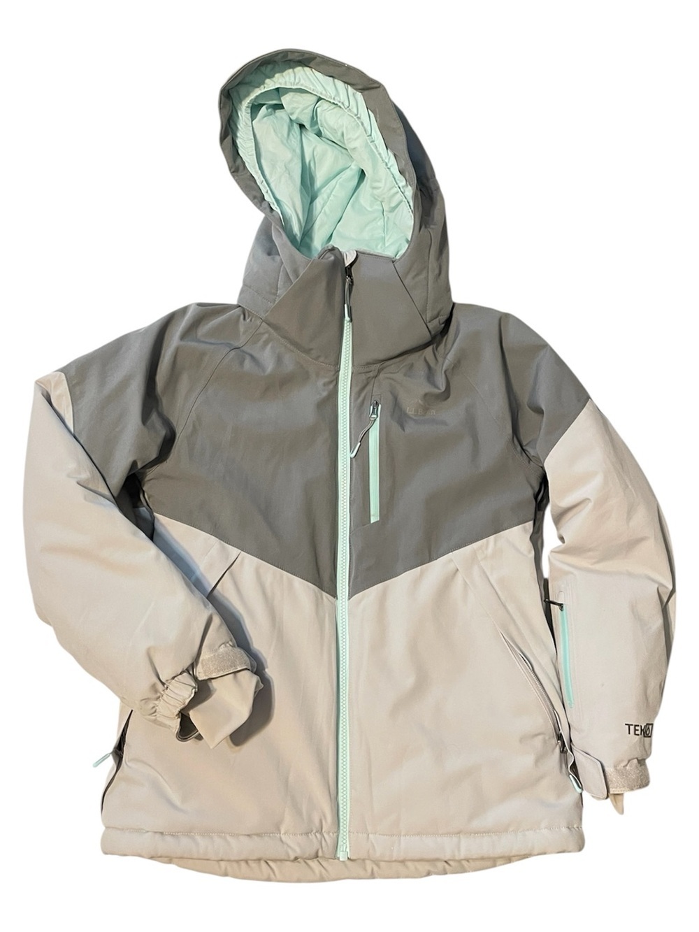 L.L. Bean Girls M 10-12 Grey Aqua TEK Snow Ski Jacket Fleece Lined Hooded Winter